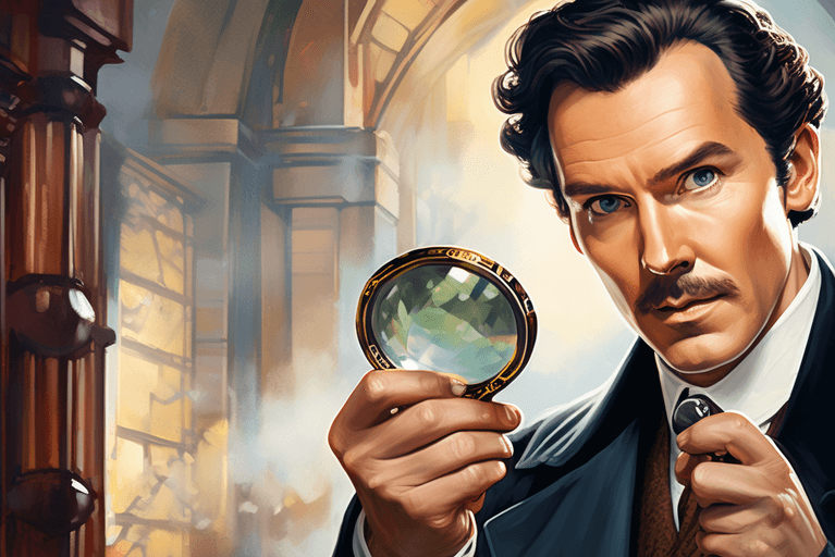  Sherlock's Holmes holding a Magnifying Glass unlocking a secret